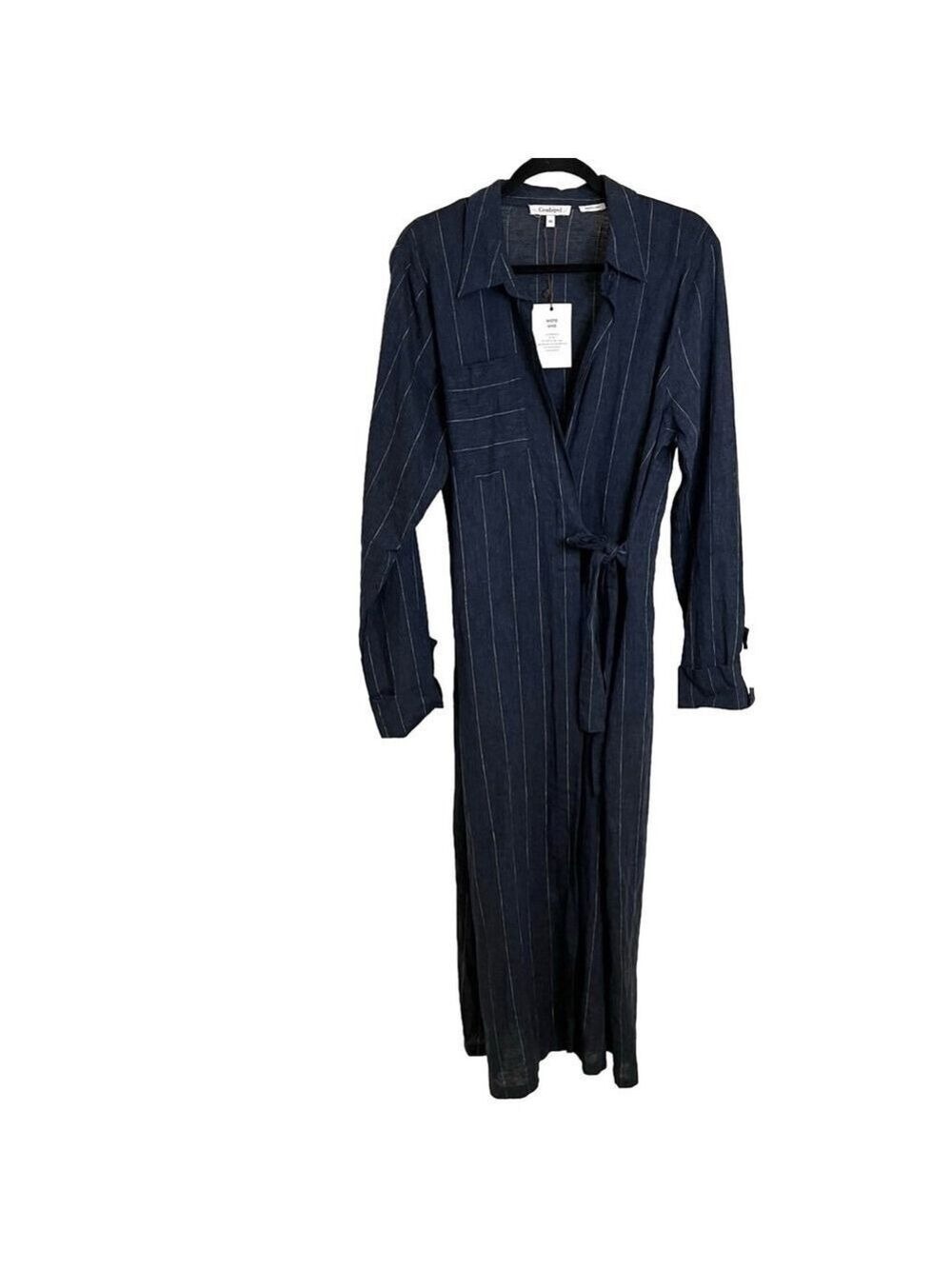 NWT Linen Blend Wrap Maxi Dress Conbipel Navy Pinstripe Italian L/XL - Picture 2 of 15